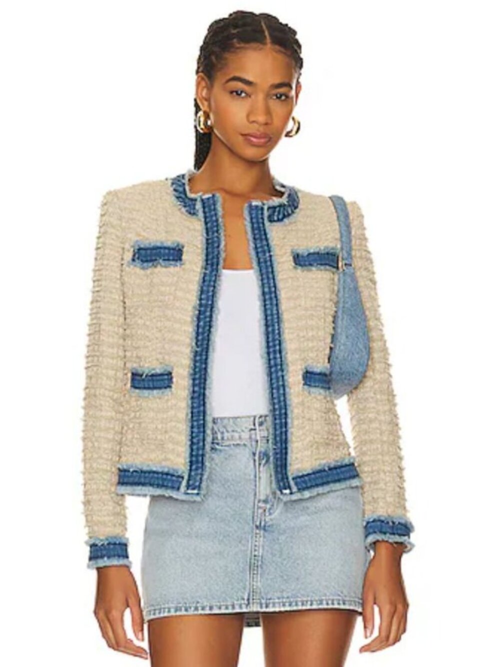 L'Agence Agnes Tweed Denim Jacket Beige Blue Open Front Textured XS